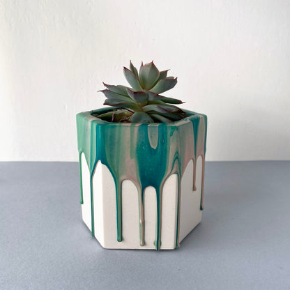 Small drippy plant pot in marbled teal