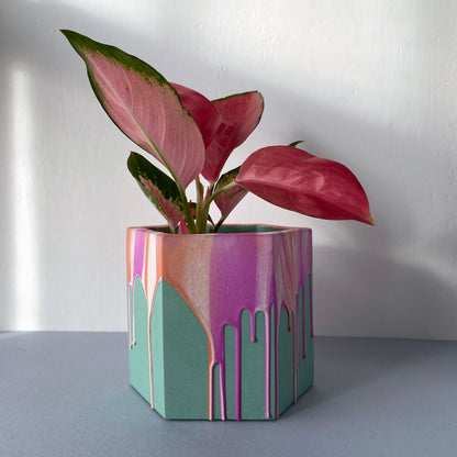Large drippy plant pot in pink + coral