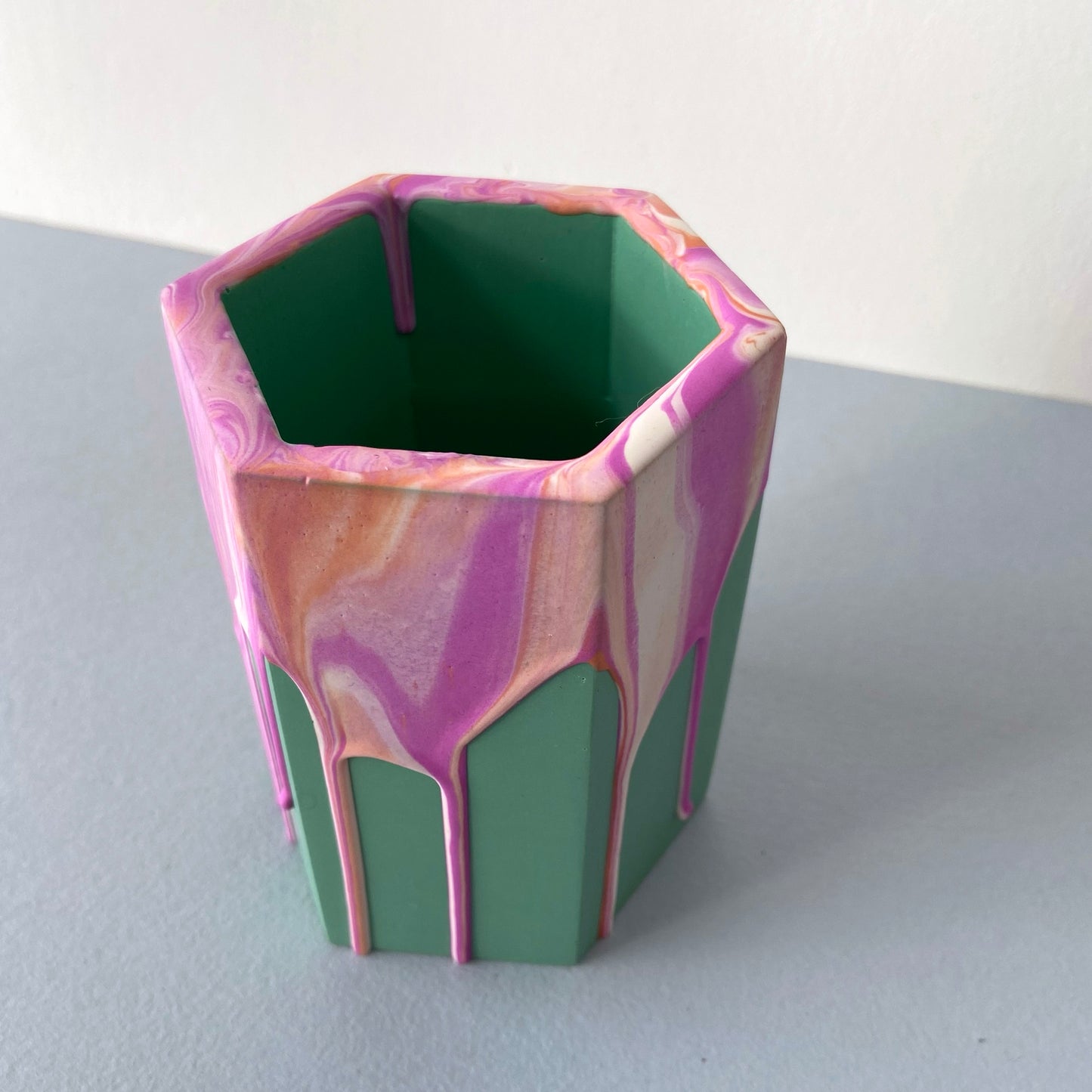 Hexagon pen pot / dried flower vase in drippy pink + coral