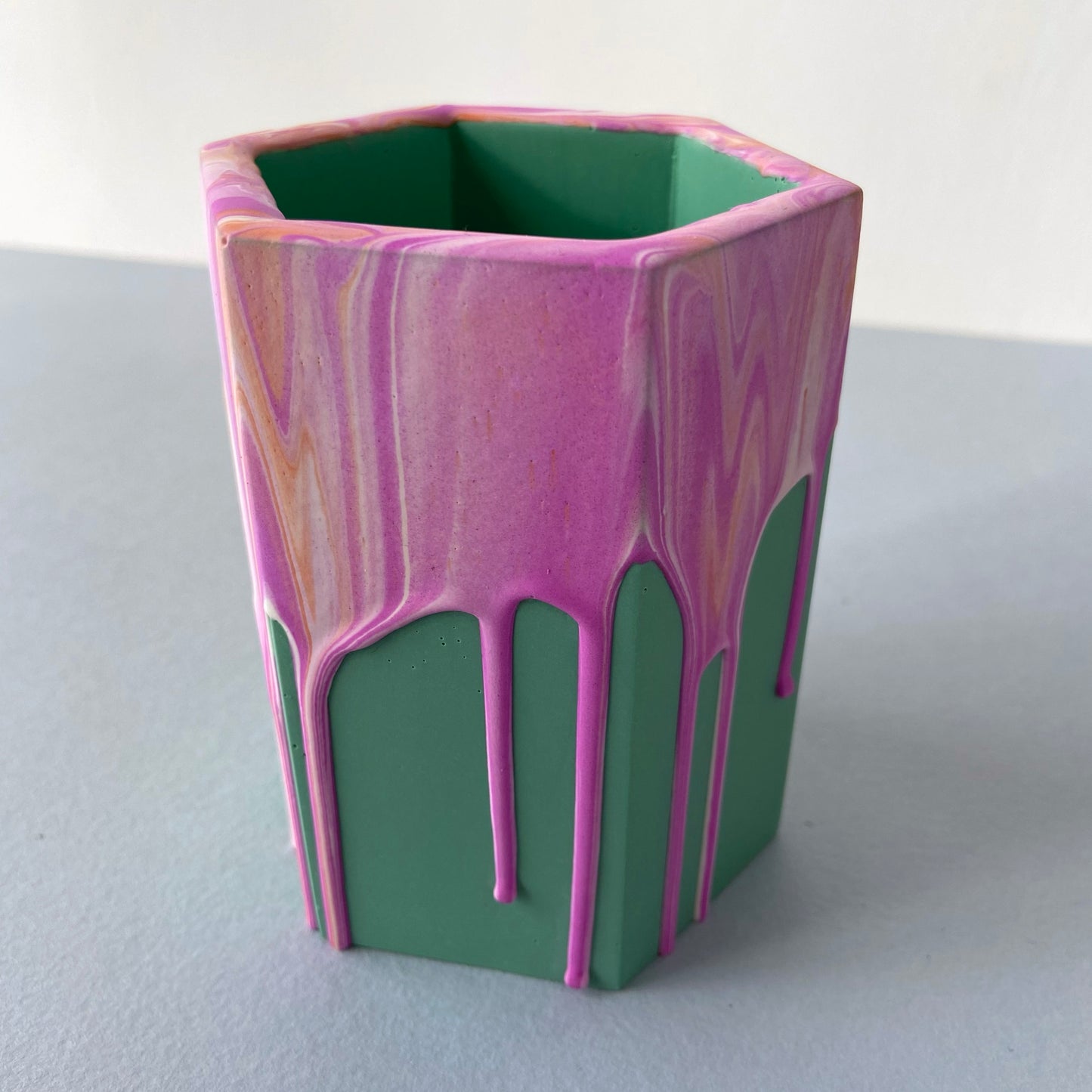 Hexagon pen pot / dried flower vase in drippy pink + coral