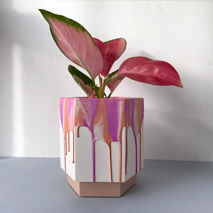 Large drippy plant pot in marbled pink + coral