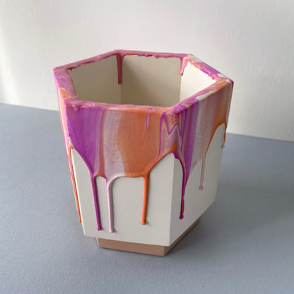 Large drippy plant pot in marbled pink + coral
