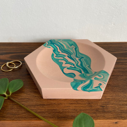 Marbled hexagon trinket dish in pink + teal