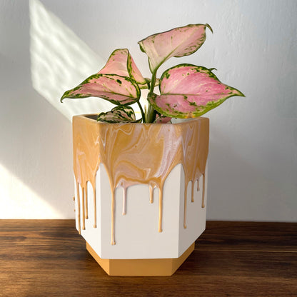 Large drippy plant pot in marbled mustard + pink