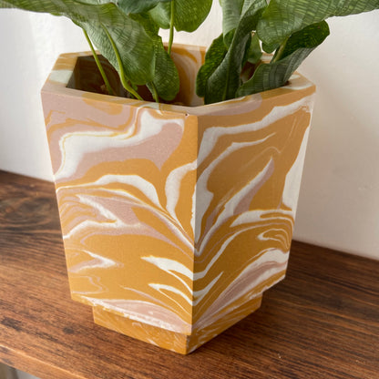Large marbled plant pot in mustard + pink