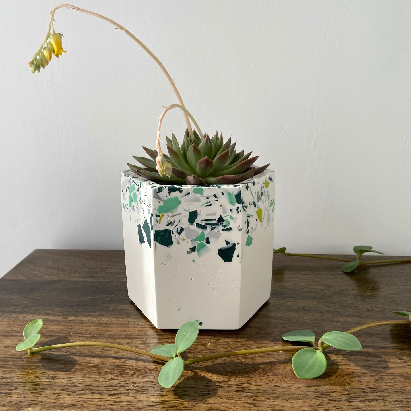 Medium terrazzo topped plant pot in greys and greens