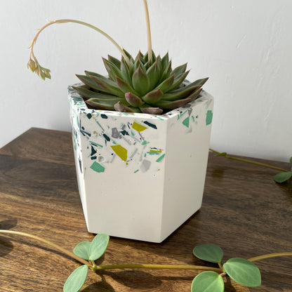Medium terrazzo topped plant pot in greys and greens