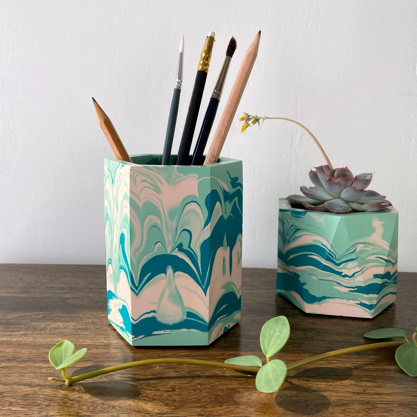 Hexagon pen pot / dried flower vase in marbled teal + pink