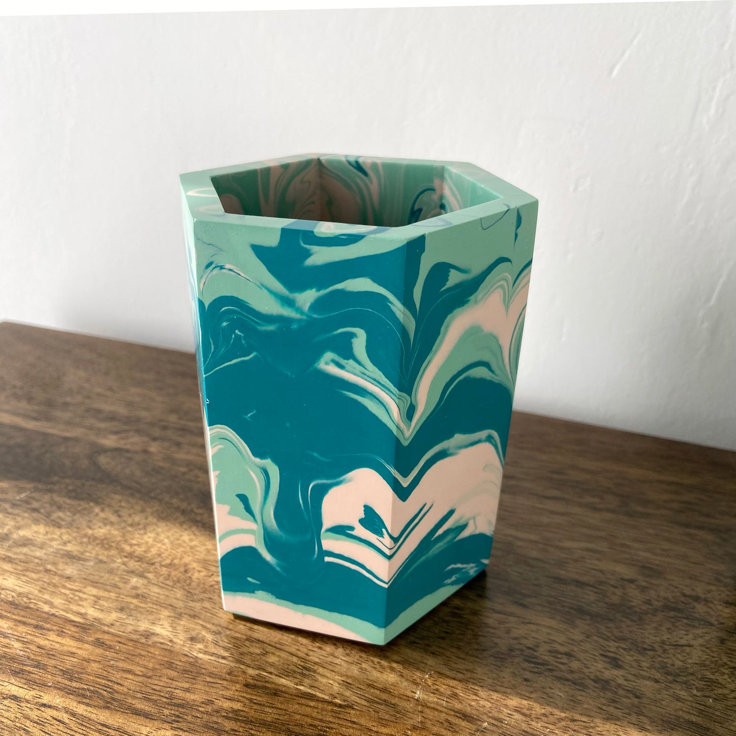 Hexagon pen pot / dried flower vase in marbled teal + pink