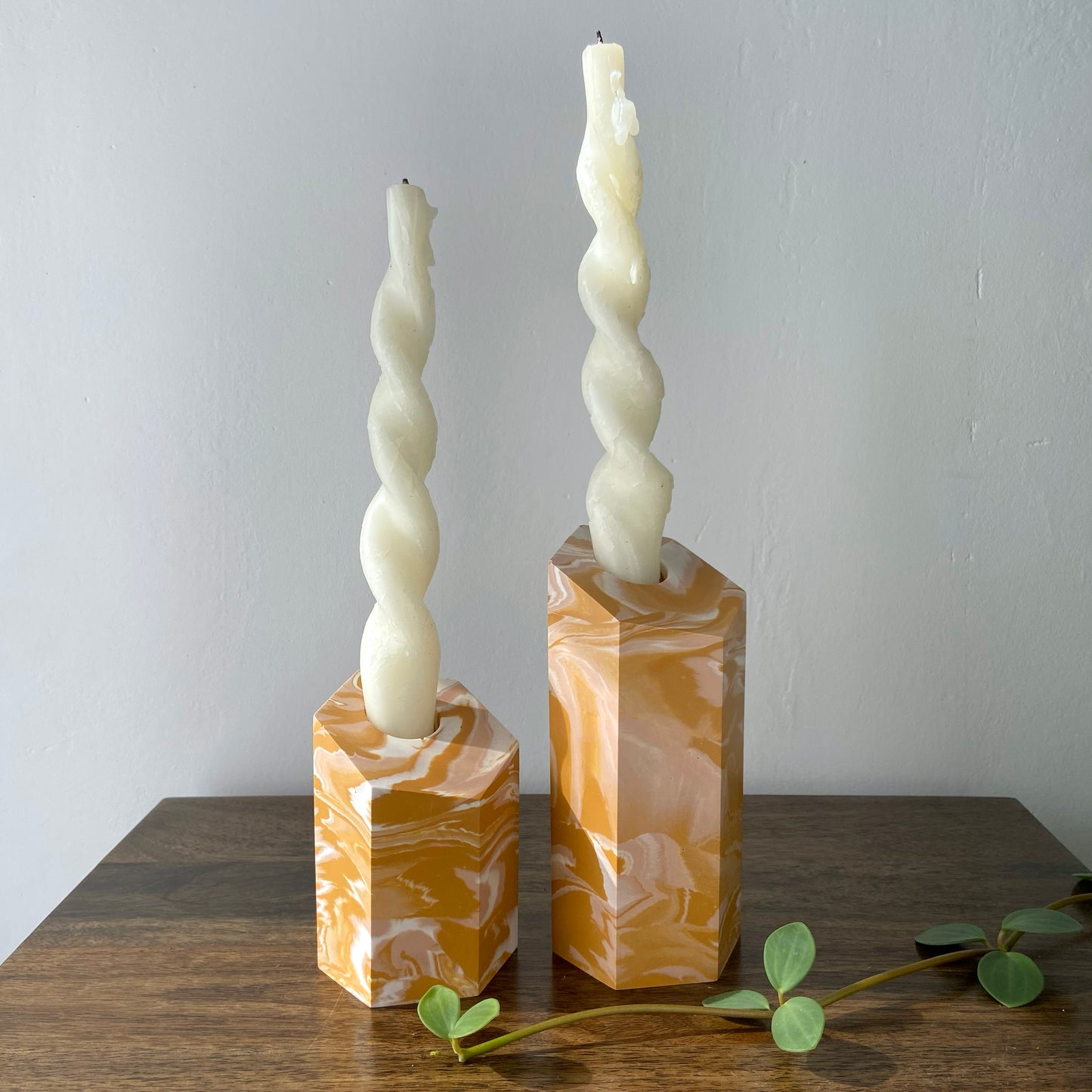 Marbled candle holders in mustard, pink + white
