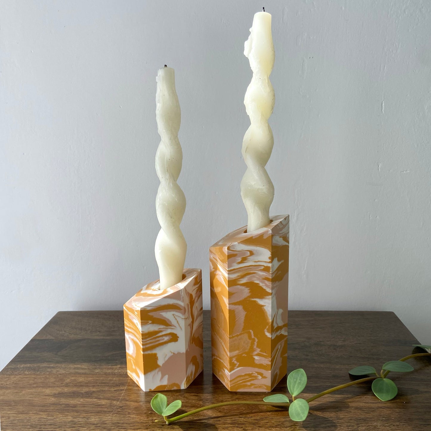 Marbled candle holders in mustard, pink + white