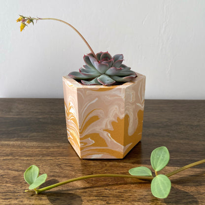 Small marbled plant pot in mustard, pink + white