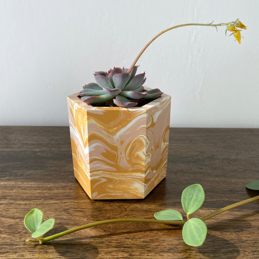 Small marbled plant pot in mustard, pink + white