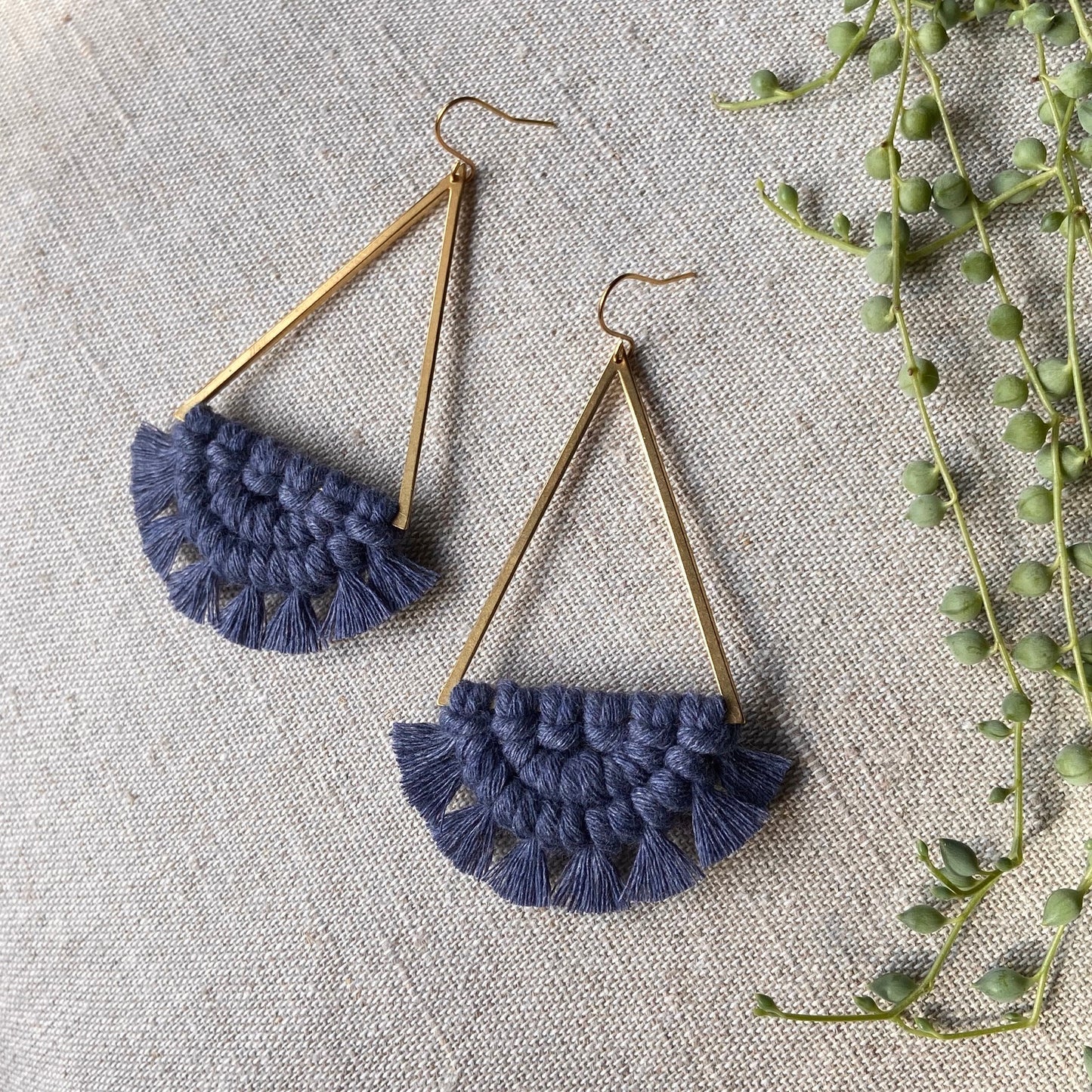 Macrame and brass triangle earrings - pick your colour!