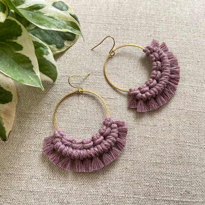 Macramé and brass hoop earrings - pick your colour