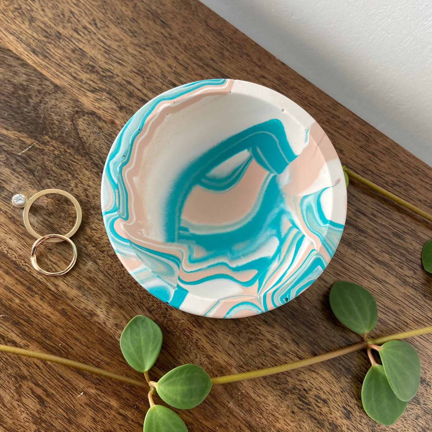 Trinket dish in marbled teal, white + pink