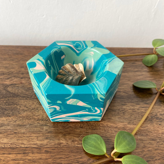 Small hexagon trinket dish in marbled teal + pink 2