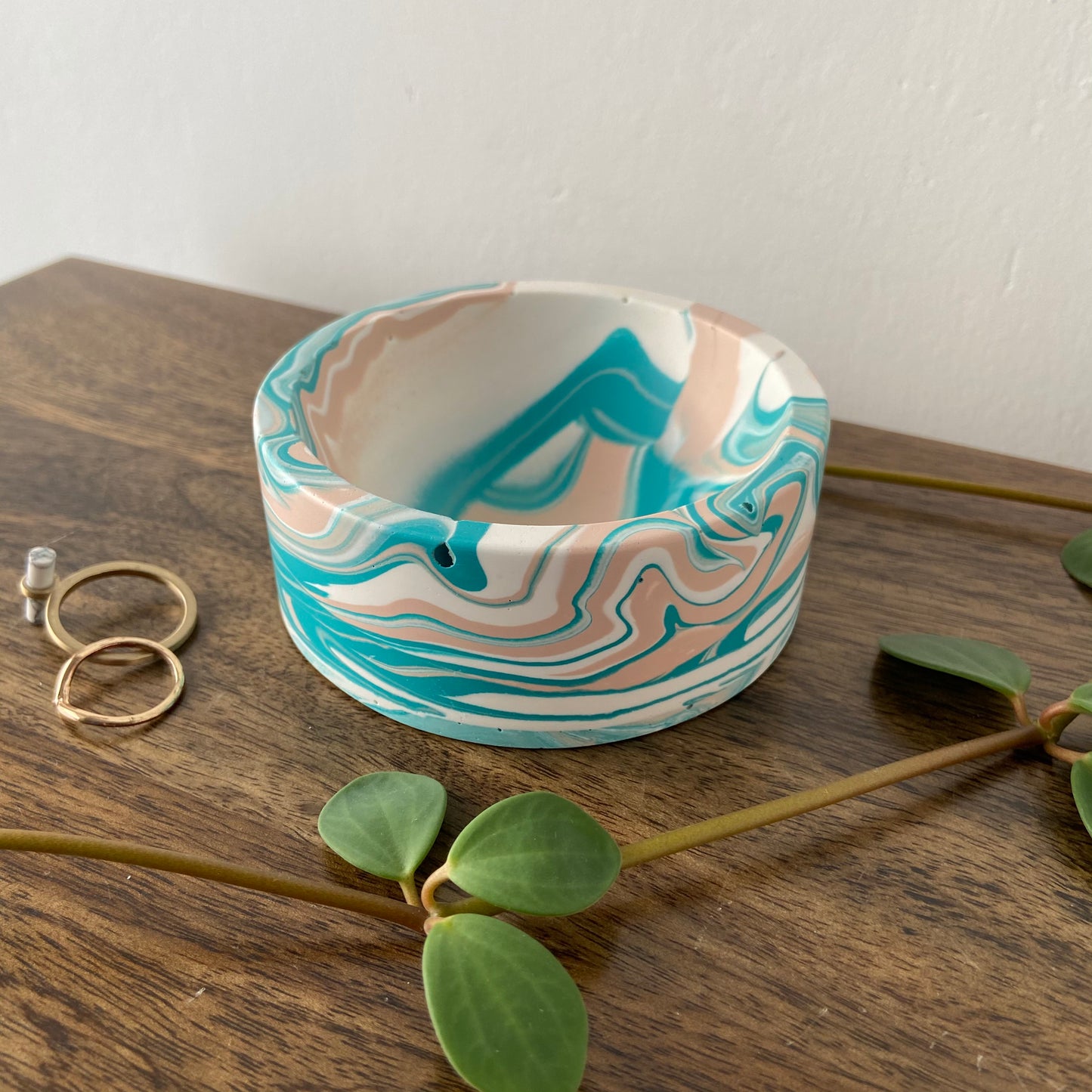 Trinket dish in marbled teal, white + pink