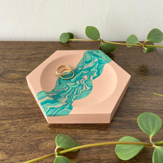 Marbled hexagon trinket dish in pink + teal
