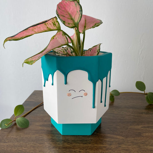 Medium plant pot friend in drippy teal - grumpy