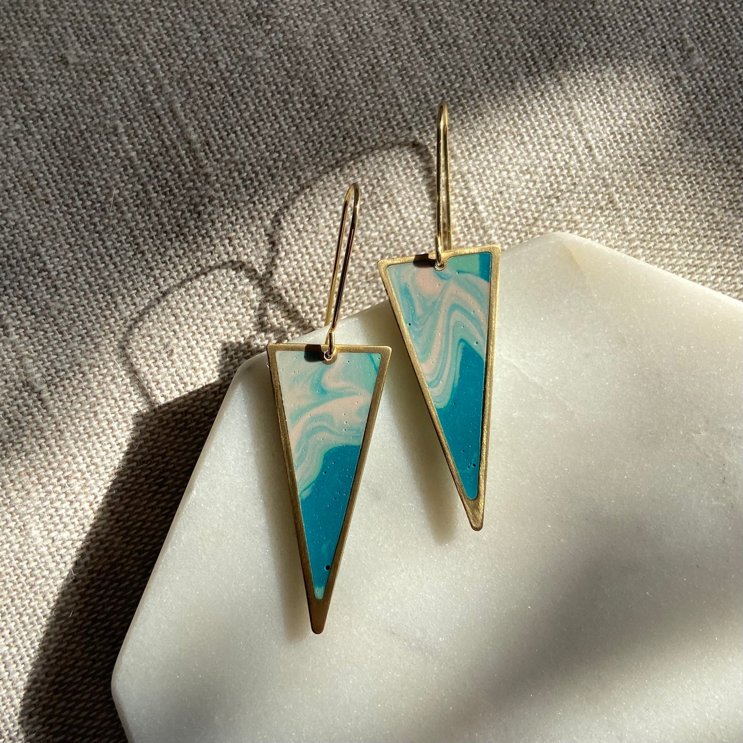 Triangle drop earrings in teal marble