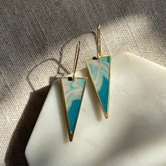 Triangle drop earrings in teal marble